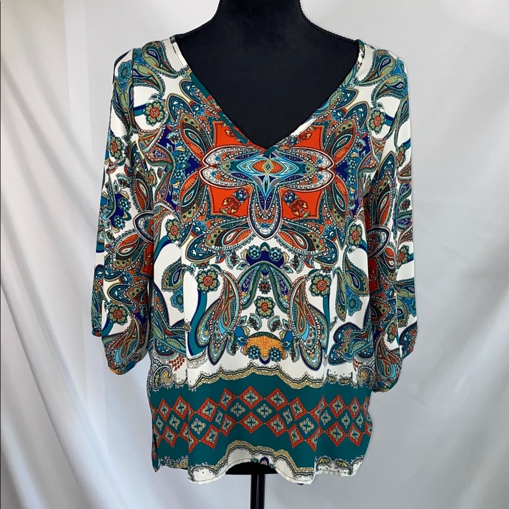 Renee C Paisley Medallion Boho Blouse V Neck Small Multicolor Top